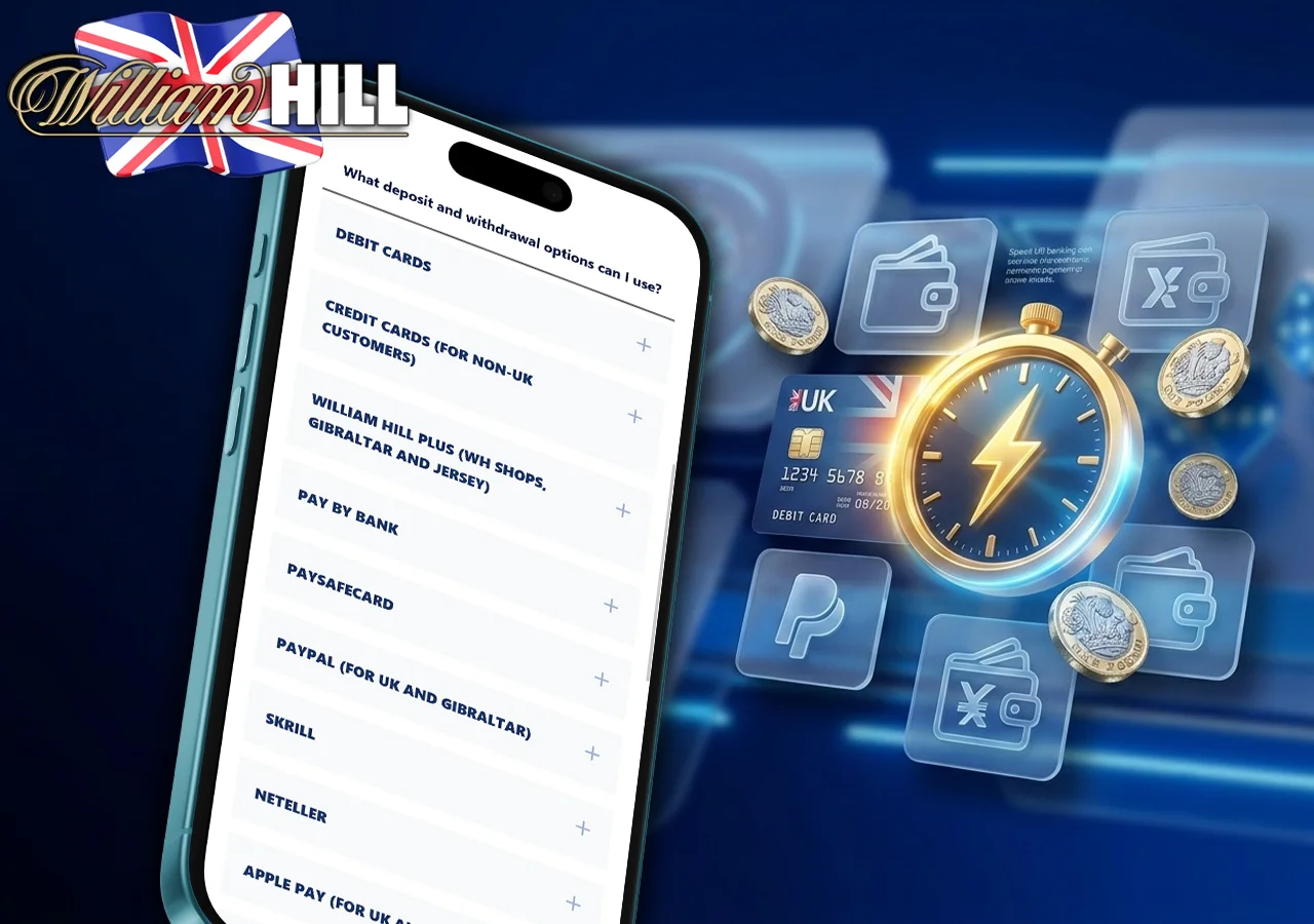 Comparison of supported UK banking methods, e-wallets, and payout processing timelines at William Hill.