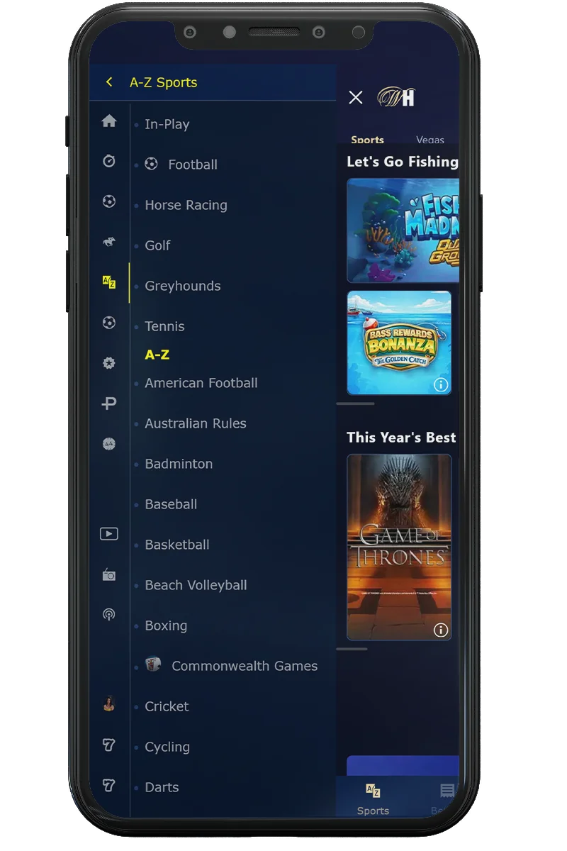 Screenshot of an online casino on a mobile phone